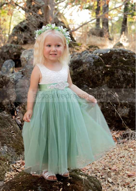 Sleeveless Ivory Lace Sage Tulle Long Flower Girl Dress